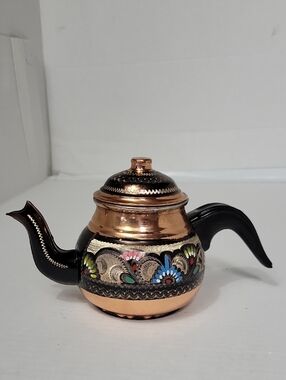 Hand-Painted Copper Teapot with Black Handle - Decorative Floral Design